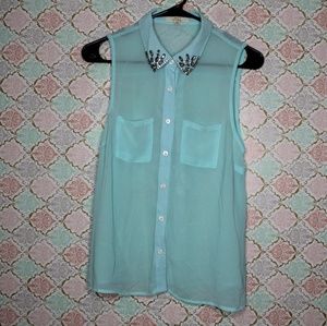 Chiffon Button Down Crop Top with Bedazzled Collar